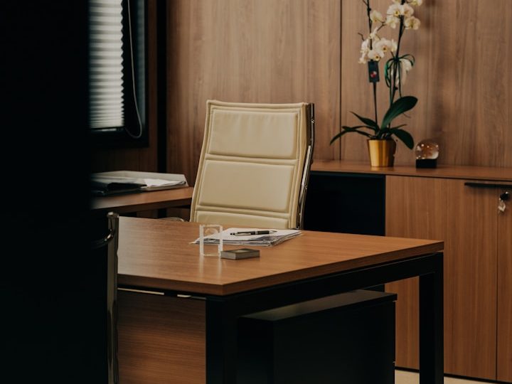 Escritorio de oficina con silla, documentos apilados y una planta en maceta.
